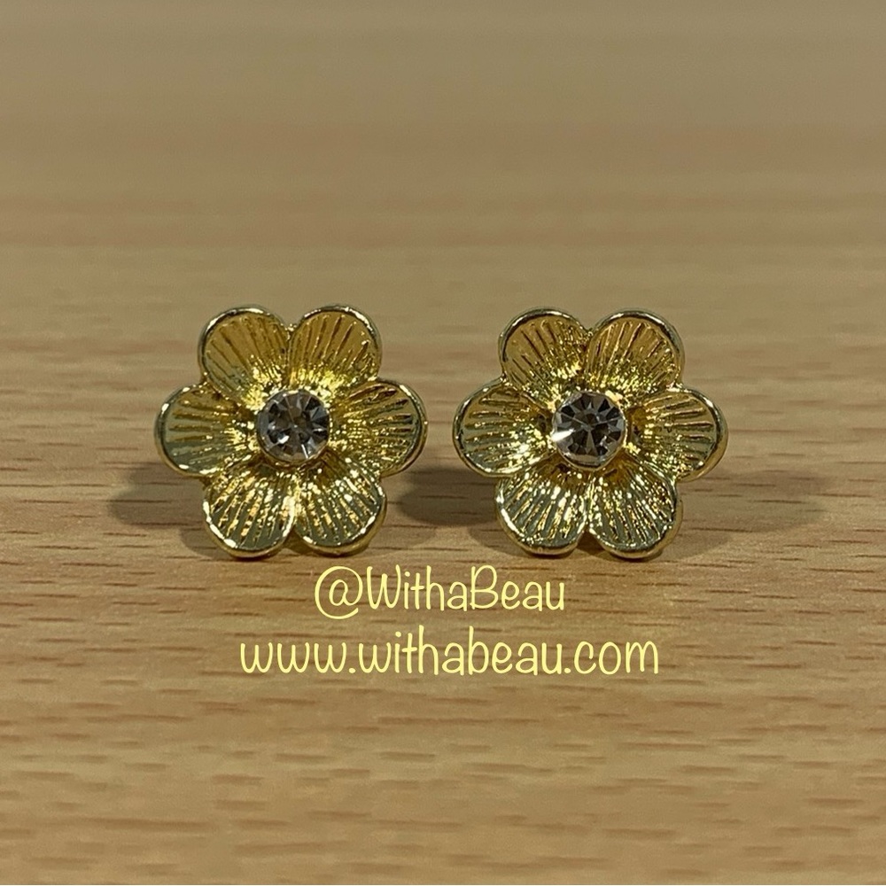 Beautiful Gold Tone Flower Earrings with Diamond Center - Alexandra